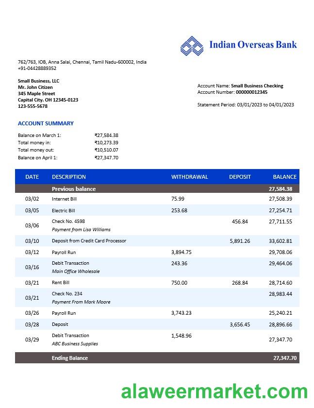 Indian Overseas Bank organization account statement Word and PDF template